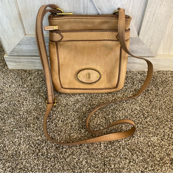 Vintage Fossil Tan Leather Crossbody Bag Purse Shoulder Satchel Hobo - Picture 4 of 11